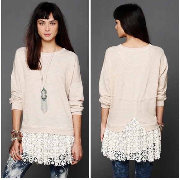 Free People Beach Tunic Pullover Sweater w Crochet Lace Hem size Medium / Large - Picture 2 of 10